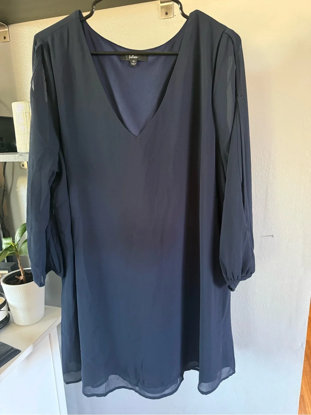 Lulus Navy Chiffon Cold Shoulder V-Neck Shift Dress 3/4 Sleeve XL